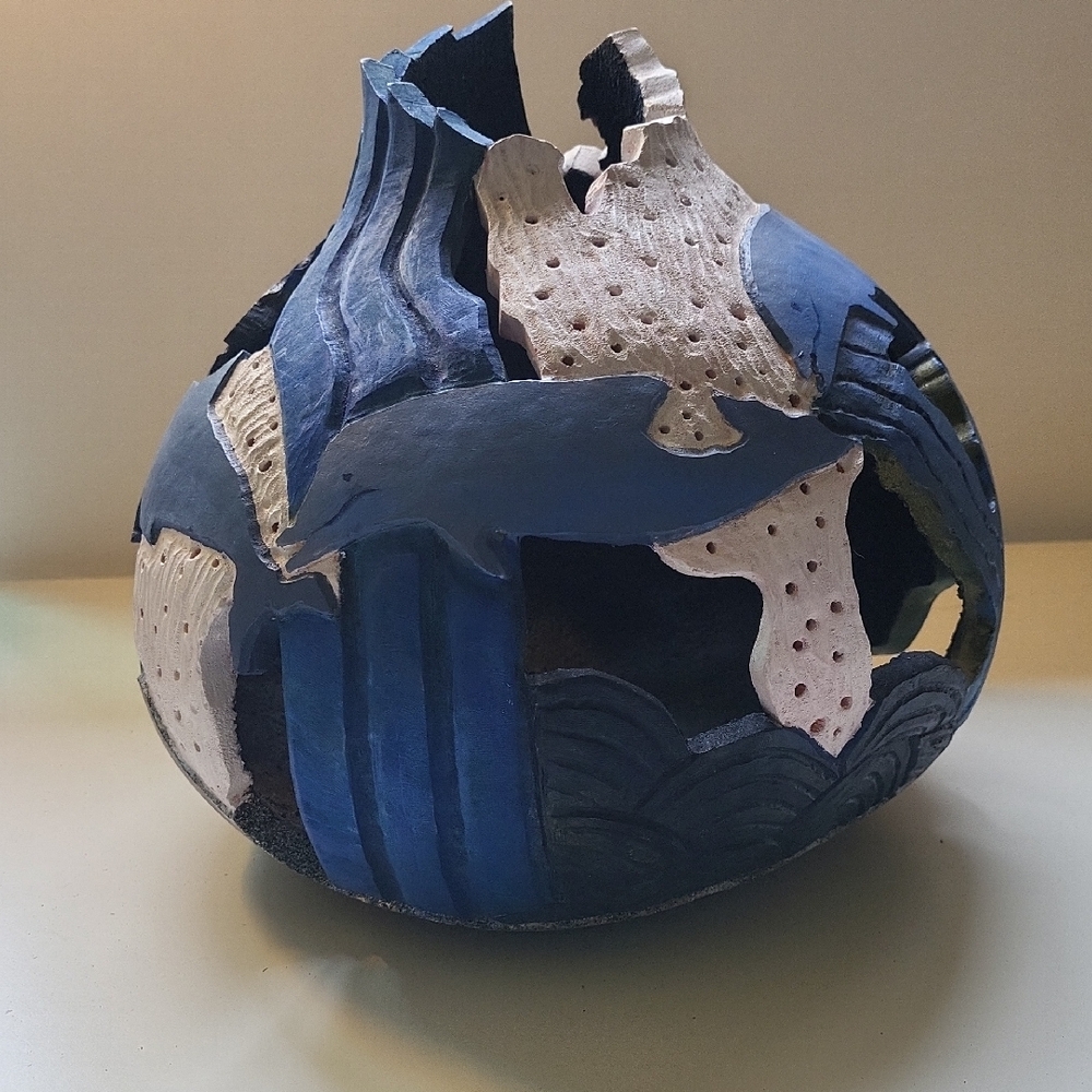 Signed Carin Brooks Handcarved/painted Dolphin Gourd